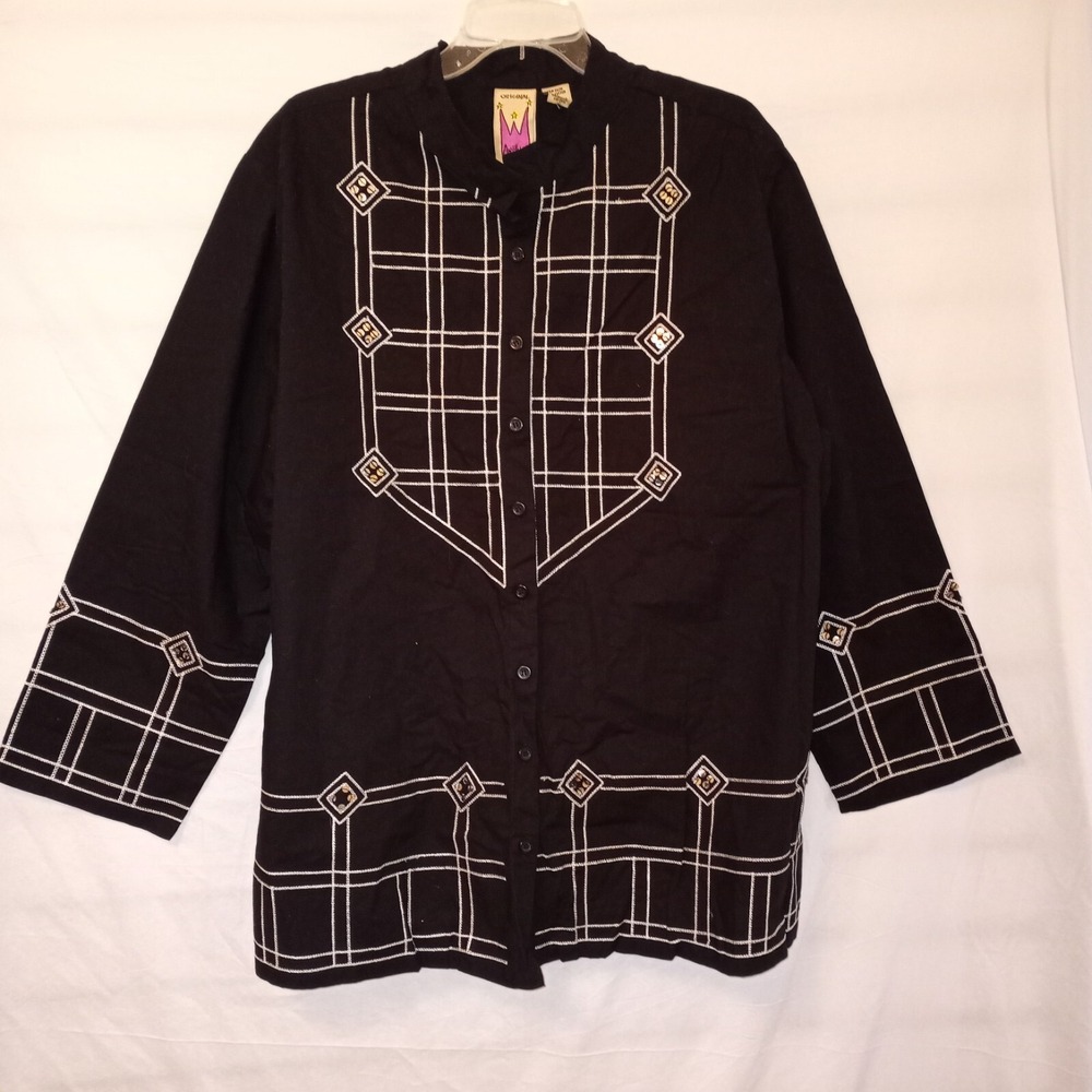 Anthony Original Blouse 2X Black  Tunic Top Embroidered Sequins Longsleeve NWT